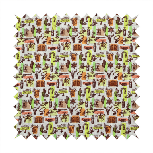 A dense, repeating vintage western pattern featuring retro sketch-style illustrations over a textured, linen-look light grey background. The black-ink sketches are highlighted by abstract blocks of colour in lime green, terracotta orange, and muted brown, giving the fabric a mid-century modern or retro pop-art feel.