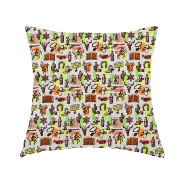 The fabric used to create this handmade cushion is a dense, repeating vintage western pattern featuring retro sketch-style illustrations over a textured, linen-look light grey background. The black-ink sketches are highlighted by abstract blocks of colour in lime green, terracotta orange, and muted brown, giving the fabric a mid-century modern or retro pop-art feel.
