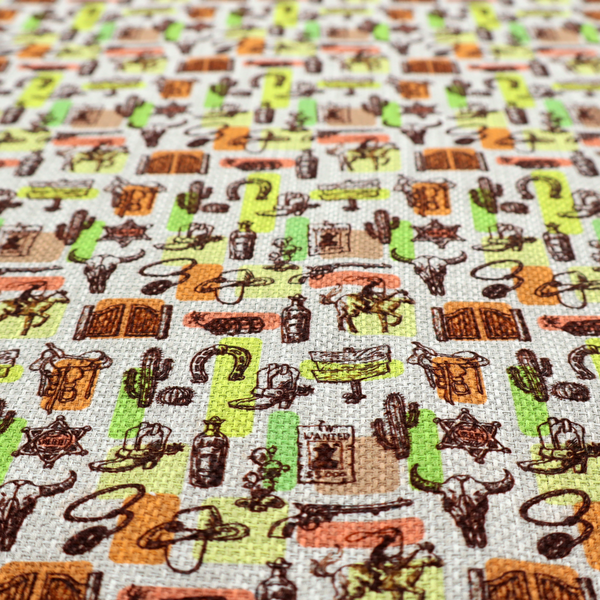 A dense, repeating vintage western pattern featuring retro sketch-style illustrations over a textured, linen-look light grey background. The black-ink sketches are highlighted by abstract blocks of colour in lime green, terracotta orange, and muted brown, giving the fabric a mid-century modern or retro pop-art feel.