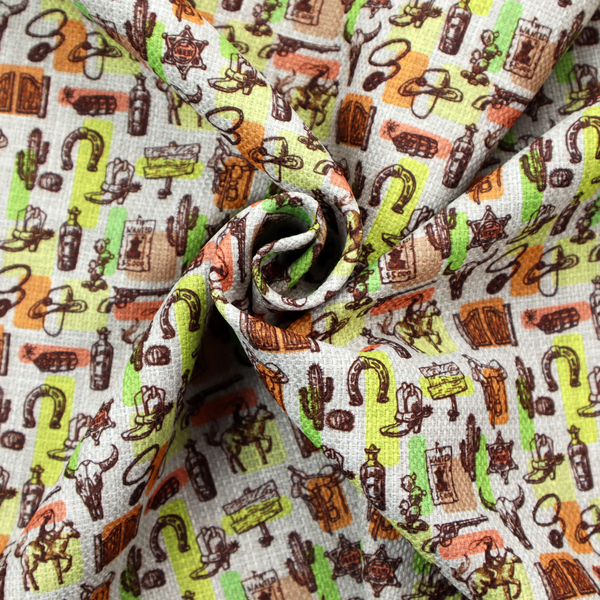 A dense, repeating vintage western pattern featuring retro sketch-style illustrations over a textured, linen-look light grey background. The black-ink sketches are highlighted by abstract blocks of colour in lime green, terracotta orange, and muted brown, giving the fabric a mid-century modern or retro pop-art feel.