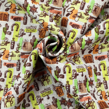 A dense, repeating vintage western pattern featuring retro sketch-style illustrations over a textured, linen-look light grey background. The black-ink sketches are highlighted by abstract blocks of colour in lime green, terracotta orange, and muted brown, giving the fabric a mid-century modern or retro pop-art feel.