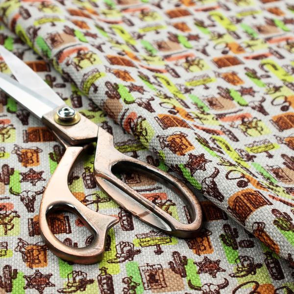 A dense, repeating vintage western pattern featuring retro sketch-style illustrations over a textured, linen-look light grey background. The black-ink sketches are highlighted by abstract blocks of colour in lime green, terracotta orange, and muted brown, giving the fabric a mid-century modern or retro pop-art feel.