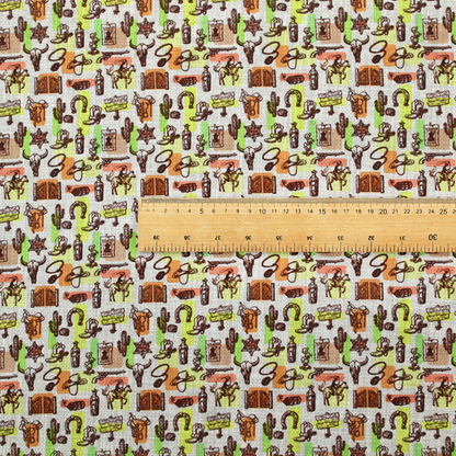 A dense, repeating vintage western pattern featuring retro sketch-style illustrations over a textured, linen-look light grey background. The black-ink sketches are highlighted by abstract blocks of colour in lime green, terracotta orange, and muted brown, giving the fabric a mid-century modern or retro pop-art feel.