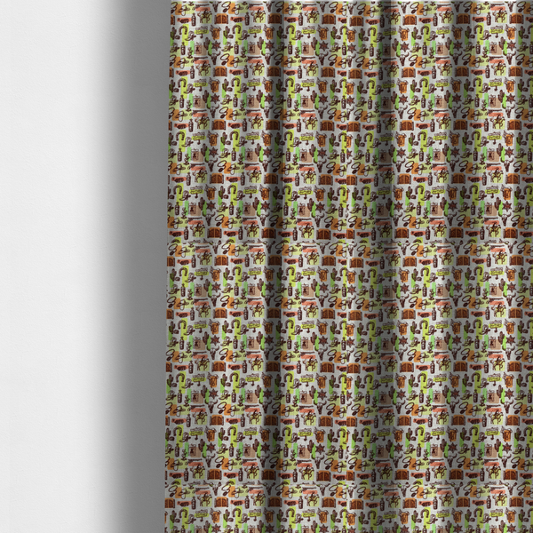 The fabric used to create these made-to-measure curtains is a dense, repeating vintage western pattern featuring retro sketch-style illustrations over a textured, linen-look light grey background. The black-ink sketches are highlighted by abstract blocks of colour in lime green, terracotta orange, and muted brown, giving the fabric a mid-century modern or retro pop-art feel.