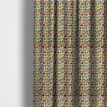 The fabric used to create these made-to-measure curtains is a dense, repeating vintage western pattern featuring retro sketch-style illustrations over a textured, linen-look light grey background. The black-ink sketches are highlighted by abstract blocks of colour in lime green, terracotta orange, and muted brown, giving the fabric a mid-century modern or retro pop-art feel.