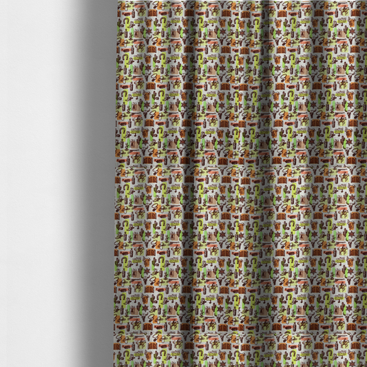 The fabric used to create these made-to-measure curtains is a dense, repeating vintage western pattern featuring retro sketch-style illustrations over a textured, linen-look light grey background. The black-ink sketches are highlighted by abstract blocks of colour in lime green, terracotta orange, and muted brown, giving the fabric a mid-century modern or retro pop-art feel.