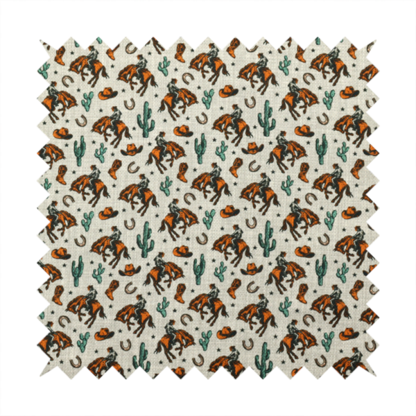A seamless, repeating pattern featuring traditional western motifs in a classic comic or illustration style, set against a textured, light oatmeal or linen-look background. The colour palette relies heavily on bold terracotta orange, deep teal green, and dark brown accents.