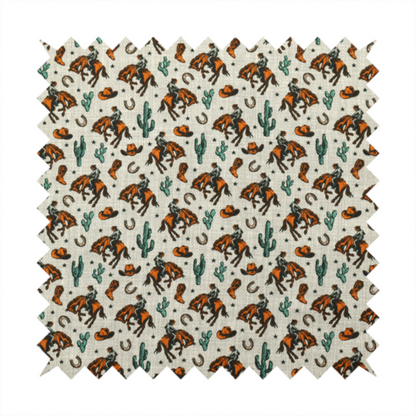 A seamless, repeating pattern featuring traditional western motifs in a classic comic or illustration style, set against a textured, light oatmeal or linen-look background. The colour palette relies heavily on bold terracotta orange, deep teal green, and dark brown accents.