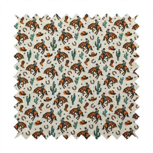 A seamless, repeating pattern featuring traditional western motifs in a classic comic or illustration style, set against a textured, light oatmeal or linen-look background. The colour palette relies heavily on bold terracotta orange, deep teal green, and dark brown accents.