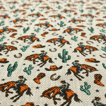 A seamless, repeating pattern featuring traditional western motifs in a classic comic or illustration style, set against a textured, light oatmeal or linen-look background. The colour palette relies heavily on bold terracotta orange, deep teal green, and dark brown accents.