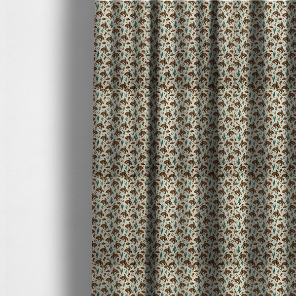 The fabric used to create these made-to-measure curtains is a seamless, repeating pattern featuring traditional western motifs in a classic comic or illustration style, set against a textured, light oatmeal or linen-look background. The colour palette relies heavily on bold terracotta orange, deep teal green, and dark brown accents.