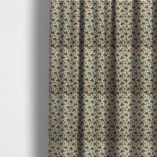 The fabric used to create these made-to-measure curtains is a seamless, repeating pattern featuring traditional western motifs in a classic comic or illustration style, set against a textured, light oatmeal or linen-look background. The colour palette relies heavily on bold terracotta orange, deep teal green, and dark brown accents.