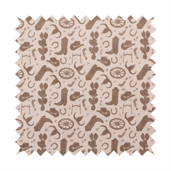 A repeating toile-style western pattern featuring classic cowboy motifs printed in a monochromatic, textured medium-brown hue against a light beige background.