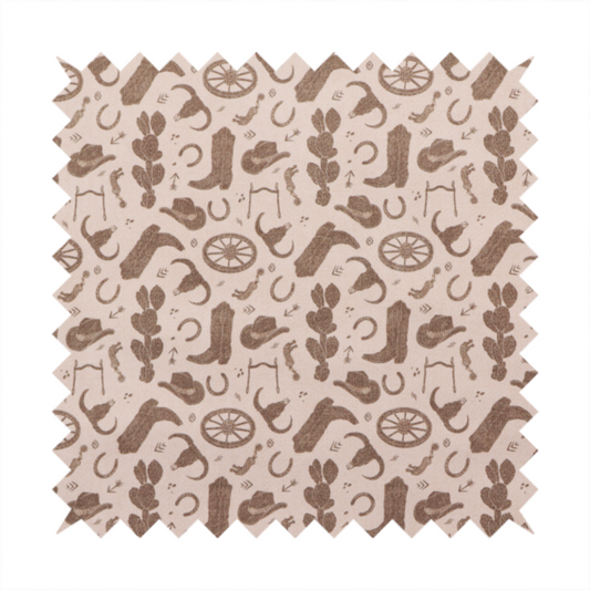 A repeating toile-style western pattern featuring classic cowboy motifs printed in a monochromatic, textured medium-brown hue against a light beige background.