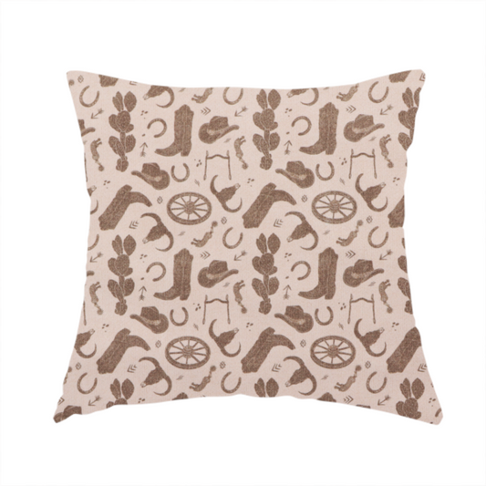 The fabric used to create this handmade cushion is a repeating toile-style western pattern featuring classic cowboy motifs printed in a monochromatic, textured medium-brown hue against a light beige background.