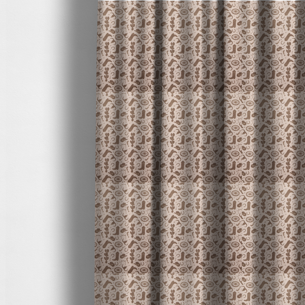 The fabric used to create these made-to-measure curtains is a repeating toile-style western pattern featuring classic cowboy motifs printed in a monochromatic, textured medium-brown hue against a light beige background.