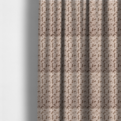 The fabric used to create these made-to-measure curtains is a repeating toile-style western pattern featuring classic cowboy motifs printed in a monochromatic, textured medium-brown hue against a light beige background.