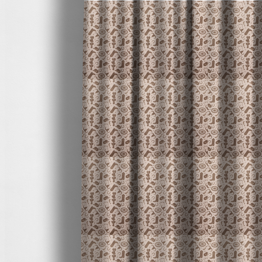 The fabric used to create these made-to-measure curtains is a repeating toile-style western pattern featuring classic cowboy motifs printed in a monochromatic, textured medium-brown hue against a light beige background.