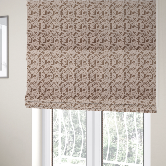 The fabric used to create these Roman blinds is a repeating toile-style western pattern featuring classic cowboy motifs printed in a monochromatic, textured medium-brown hue against a light beige background.