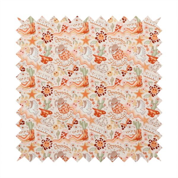 A vibrant, repeating pattern blending 1970s retro elements with a western aesthetic, set against a light cream-colored background. The design uses a warm colour palette of terracotta orange, muted mustard yellow, sage green, and soft tan.