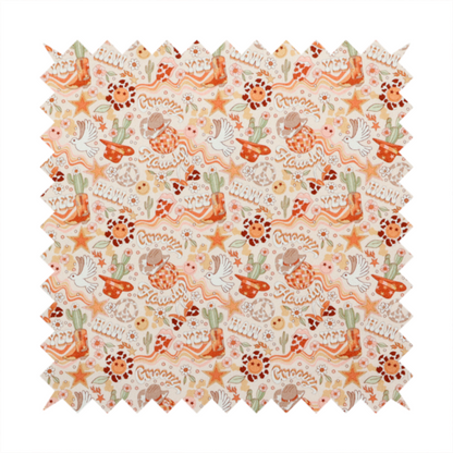 A vibrant, repeating pattern blending 1970s retro elements with a western aesthetic, set against a light cream-colored background. The design uses a warm colour palette of terracotta orange, muted mustard yellow, sage green, and soft tan.