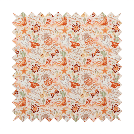 A vibrant, repeating pattern blending 1970s retro elements with a western aesthetic, set against a light cream-colored background. The design uses a warm colour palette of terracotta orange, muted mustard yellow, sage green, and soft tan.