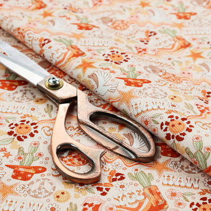 A vibrant, repeating pattern blending 1970s retro elements with a western aesthetic, set against a light cream-colored background. The design uses a warm colour palette of terracotta orange, muted mustard yellow, sage green, and soft tan.