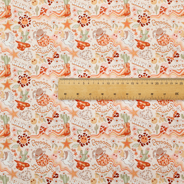 A vibrant, repeating pattern blending 1970s retro elements with a western aesthetic, set against a light cream-colored background. The design uses a warm colour palette of terracotta orange, muted mustard yellow, sage green, and soft tan.
