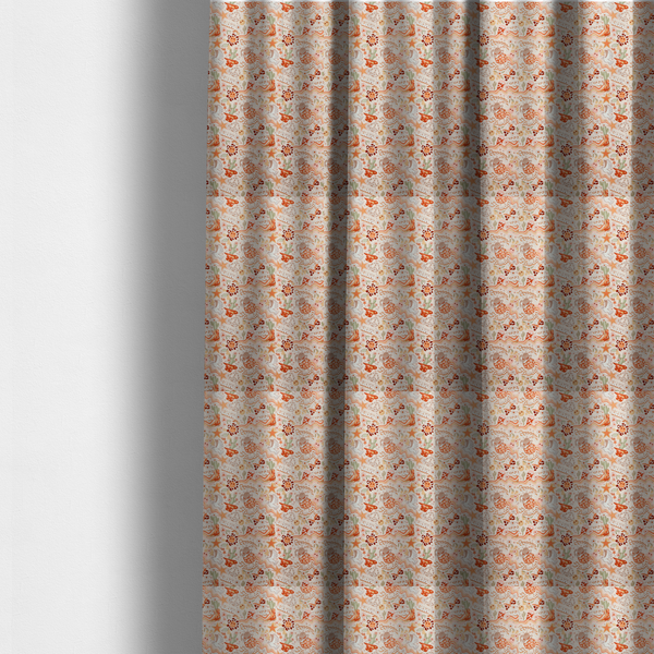 The fabric used to create these made-to-measure curtains is a vibrant, repeating pattern blending 1970s retro elements with a western aesthetic, set against a light cream-colored background. The design uses a warm colour palette of terracotta orange, muted mustard yellow, sage green, and soft tan.