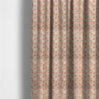 The fabric used to create these made-to-measure curtains is a vibrant, repeating pattern blending 1970s retro elements with a western aesthetic, set against a light cream-colored background. The design uses a warm colour palette of terracotta orange, muted mustard yellow, sage green, and soft tan.