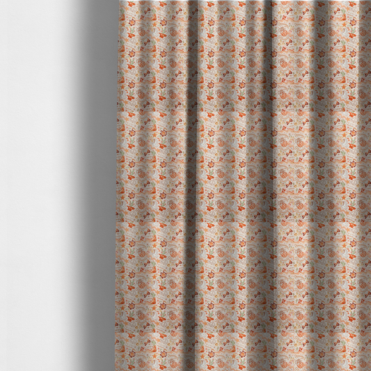 The fabric used to create these made-to-measure curtains is a vibrant, repeating pattern blending 1970s retro elements with a western aesthetic, set against a light cream-colored background. The design uses a warm colour palette of terracotta orange, muted mustard yellow, sage green, and soft tan.