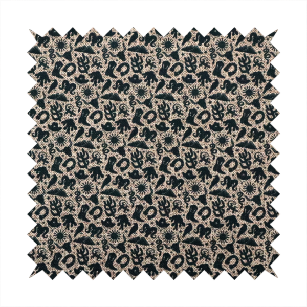A dense, repeating pattern featuring black graphic silhouettes of classic southwestern and western elements printed on a heavily textured, woven beige fabric base.