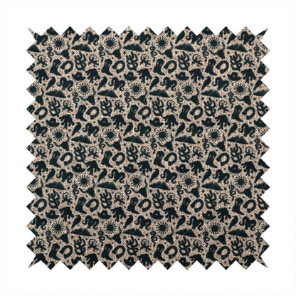 A dense, repeating pattern featuring black graphic silhouettes of classic southwestern and western elements printed on a heavily textured, woven beige fabric base.