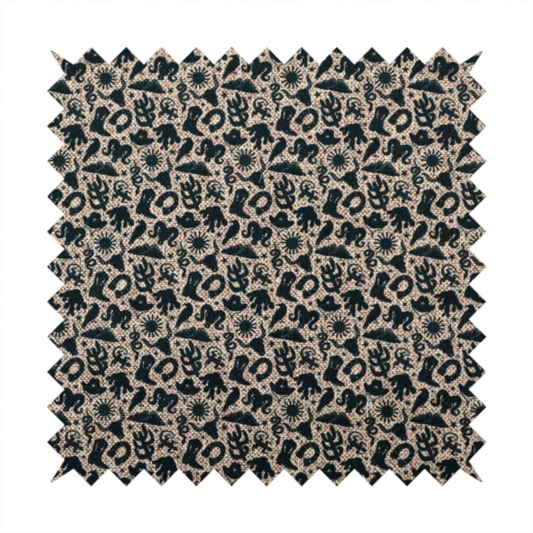 A dense, repeating pattern featuring black graphic silhouettes of classic southwestern and western elements printed on a heavily textured, woven beige fabric base.