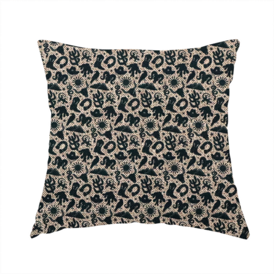The fabric used to create this handmade cushion is a dense, repeating pattern featuring black graphic silhouettes of classic southwestern and western elements printed on a heavily textured, woven beige fabric base.
