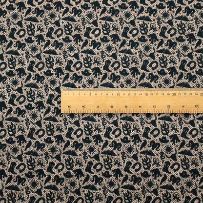 A dense, repeating pattern featuring black graphic silhouettes of classic southwestern and western elements printed on a heavily textured, woven beige fabric base.