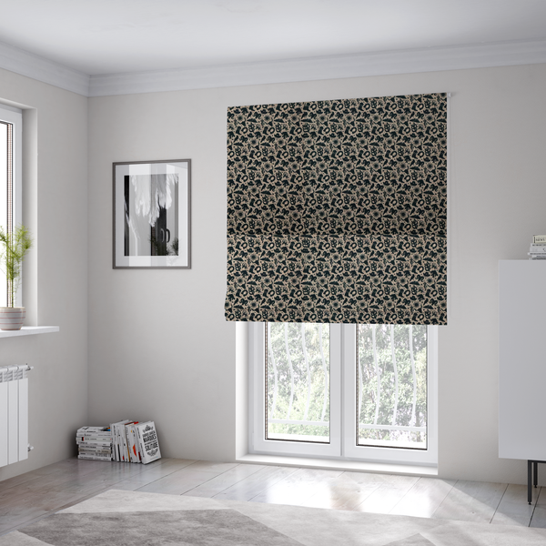 the fabric used to create these Roman blinds is a dense, repeating pattern featuring black graphic silhouettes of classic southwestern and western elements printed on a heavily textured, woven beige fabric base.