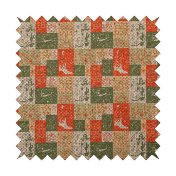A repeating geometric patchwork pattern featuring western motifs framed inside distinct rectangular and square tiles. The design is printed on a heavily woven, textured linen-look fabric base. The Earth-toned colour palette consists of rich terracotta orange, olive green, muted sage, and warm cream.