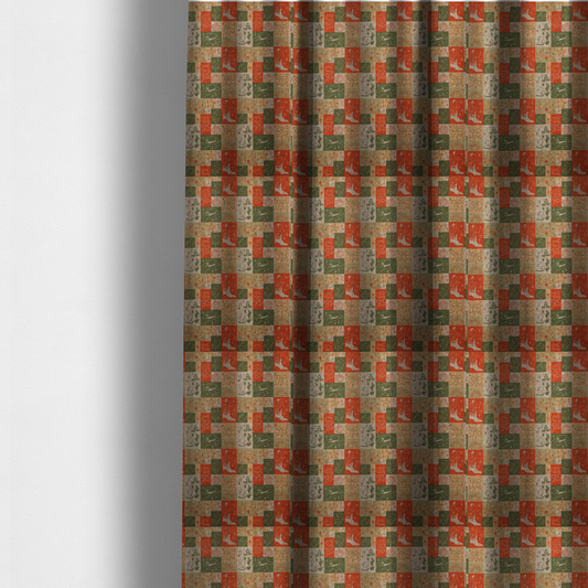 The fabric used to create these made-to-measure curtains is a repeating geometric patchwork pattern featuring western motifs framed inside distinct rectangular and square tiles. The design is printed on a heavily woven, textured linen-look fabric base. The Earth-toned colour palette consists of rich terracotta orange, olive green, muted sage, and warm cream.