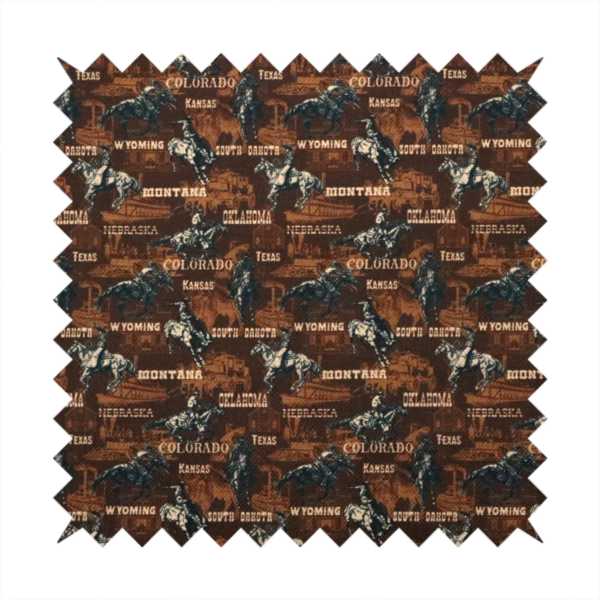 A dark, moody, repeating western tapestry pattern featuring realistic, vintage-style illustrations of cowboys on horseback, set against a deeply textured dark brown background. The palette relies on rich chocolate brown, earthy terracotta tones, and contrast details in cream and muted slate blue.