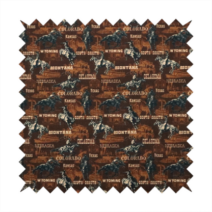 A dark, moody, repeating western tapestry pattern featuring realistic, vintage-style illustrations of cowboys on horseback, set against a deeply textured dark brown background. The palette relies on rich chocolate brown, earthy terracotta tones, and contrast details in cream and muted slate blue.