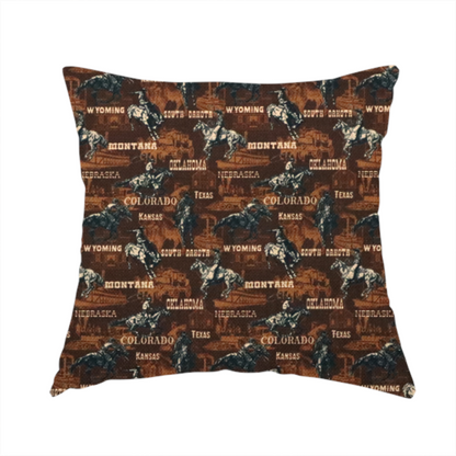 The fabric used to create this handmade cushion is a dark, moody, repeating western tapestry pattern featuring realistic, vintage-style illustrations of cowboys on horseback, set against a deeply textured dark brown background. The palette relies on rich chocolate brown, earthy terracotta tones, and contrast details in cream and muted slate blue.