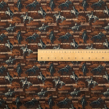 A dark, moody, repeating western tapestry pattern featuring realistic, vintage-style illustrations of cowboys on horseback, set against a deeply textured dark brown background. The palette relies on rich chocolate brown, earthy terracotta tones, and contrast details in cream and muted slate blue.