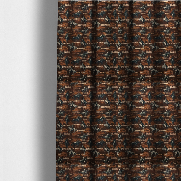 The fabric used to create these made-to-measure curtains is a dark, moody, repeating western tapestry pattern featuring realistic, vintage-style illustrations of cowboys on horseback, set against a deeply textured dark brown background. The palette relies on rich chocolate brown, earthy terracotta tones, and contrast details in cream and muted slate blue.