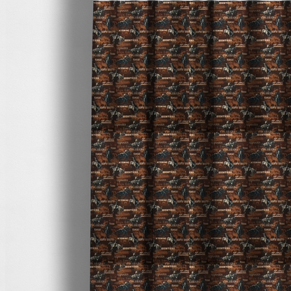 The fabric used to create these made-to-measure curtains is a dark, moody, repeating western tapestry pattern featuring realistic, vintage-style illustrations of cowboys on horseback, set against a deeply textured dark brown background. The palette relies on rich chocolate brown, earthy terracotta tones, and contrast details in cream and muted slate blue.