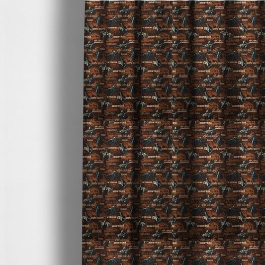 The fabric used to create these made-to-measure curtains is a dark, moody, repeating western tapestry pattern featuring realistic, vintage-style illustrations of cowboys on horseback, set against a deeply textured dark brown background. The palette relies on rich chocolate brown, earthy terracotta tones, and contrast details in cream and muted slate blue.
