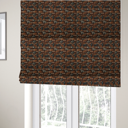 The fabric used to create these Roman blinds is a dark, moody, repeating western tapestry pattern featuring realistic, vintage-style illustrations of cowboys on horseback, set against a deeply textured dark brown background. The palette relies on rich chocolate brown, earthy terracotta tones, and contrast details in cream and muted slate blue.