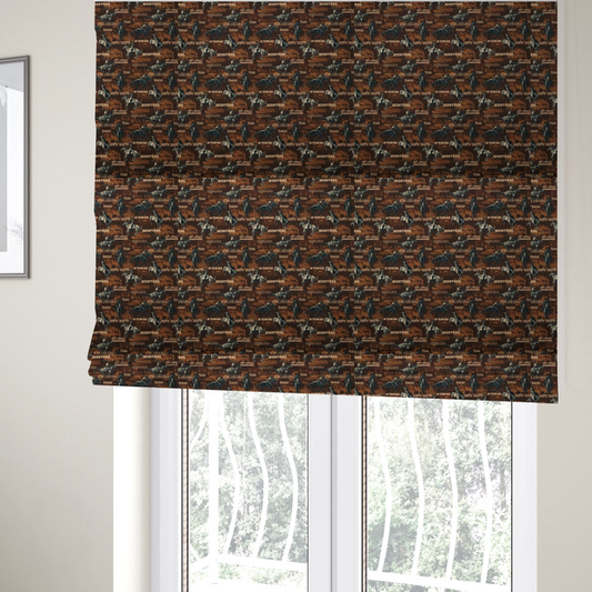 The fabric used to create these Roman blinds is a dark, moody, repeating western tapestry pattern featuring realistic, vintage-style illustrations of cowboys on horseback, set against a deeply textured dark brown background. The palette relies on rich chocolate brown, earthy terracotta tones, and contrast details in cream and muted slate blue.