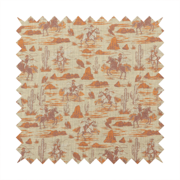 A repeating, scenic western toile pattern featuring detailed sketch-style illustrations over a heavily textured, linen-look light beige background. The monochrome design is rendered in warm tones of terracotta orange, rust, and dusty brown.