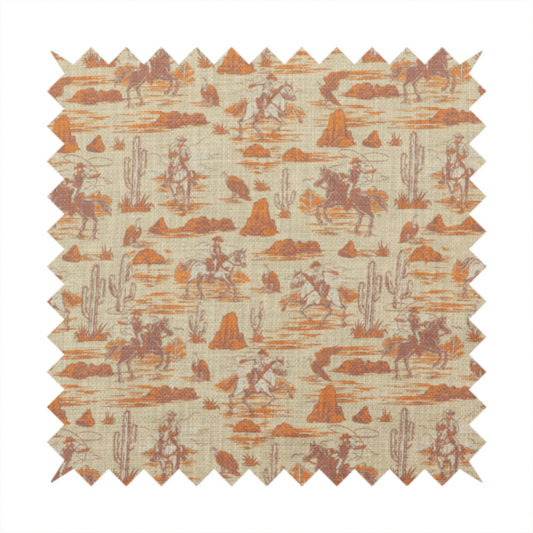A repeating, scenic western toile pattern featuring detailed sketch-style illustrations over a heavily textured, linen-look light beige background. The monochrome design is rendered in warm tones of terracotta orange, rust, and dusty brown.